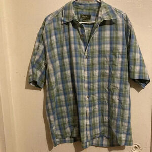 Eddie Bauer Men Large Blue White Plaid Button Down Shirt
